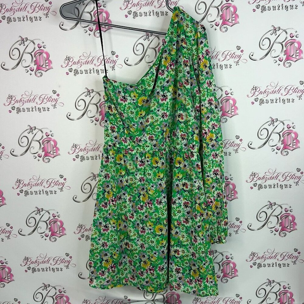 Divided H&M dress one shoulder flowy flowers yellow Green Floral Dress